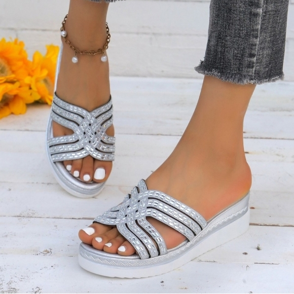 Shoes - Rhinestone Open Toe Wedge Sandals